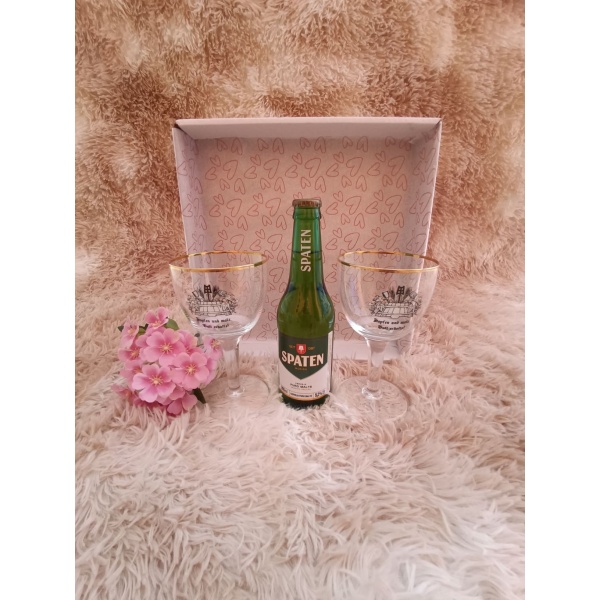Kit Presente: Contém 2 Taças Cristal Filete de Ouro para Cerveja  415ml +1 Cerveja 355ml
