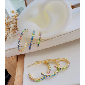 Trio de Argolinhas Strass Colorido Folheado a Ouro