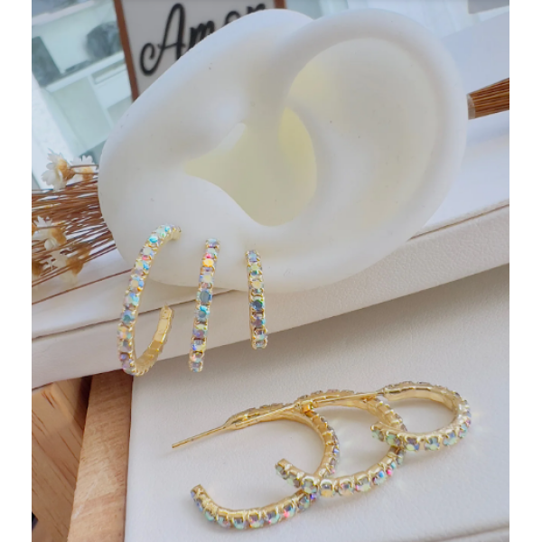 Trio de Argolinhas Strass Folheado a Ouro